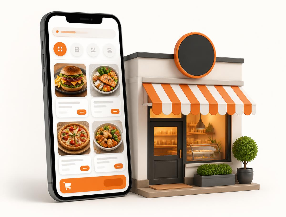 Celular com catálogo online ao lado de uma loja personalizada