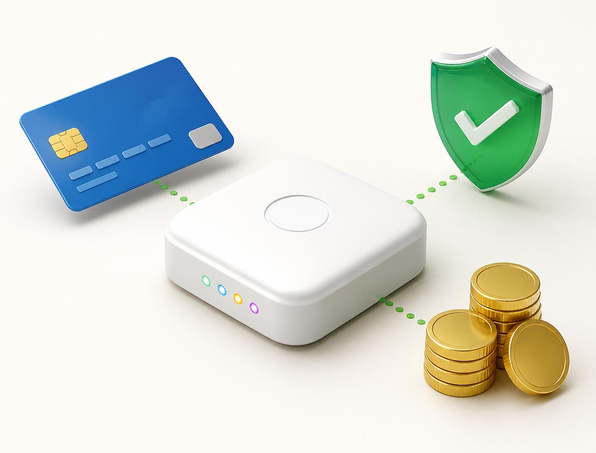 Cartão, central de pagamento, moedas e escudo de segurança